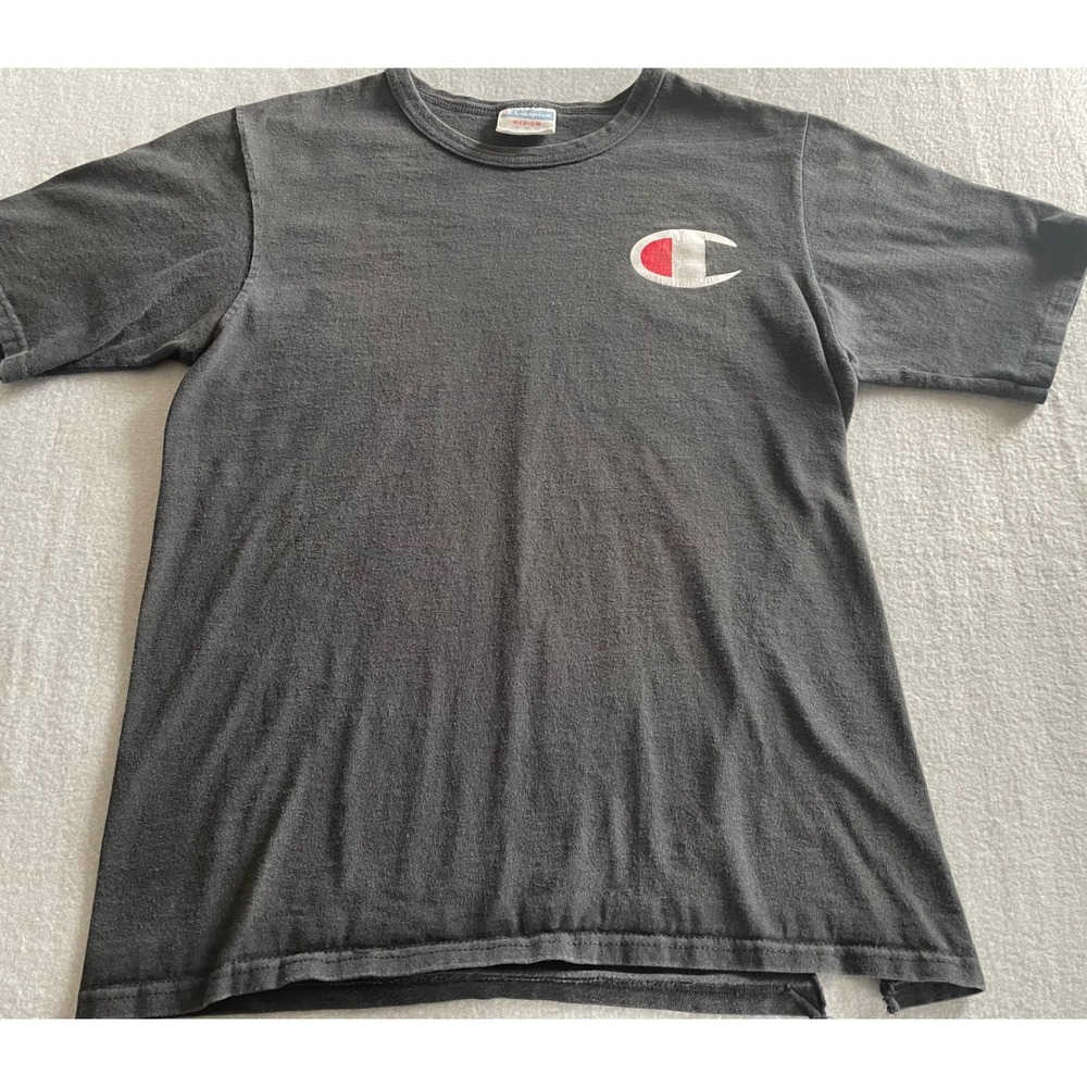 Champion Mens Big C Logo T-Shirt‎ Faded Black Distressed Graphic Tee Medium